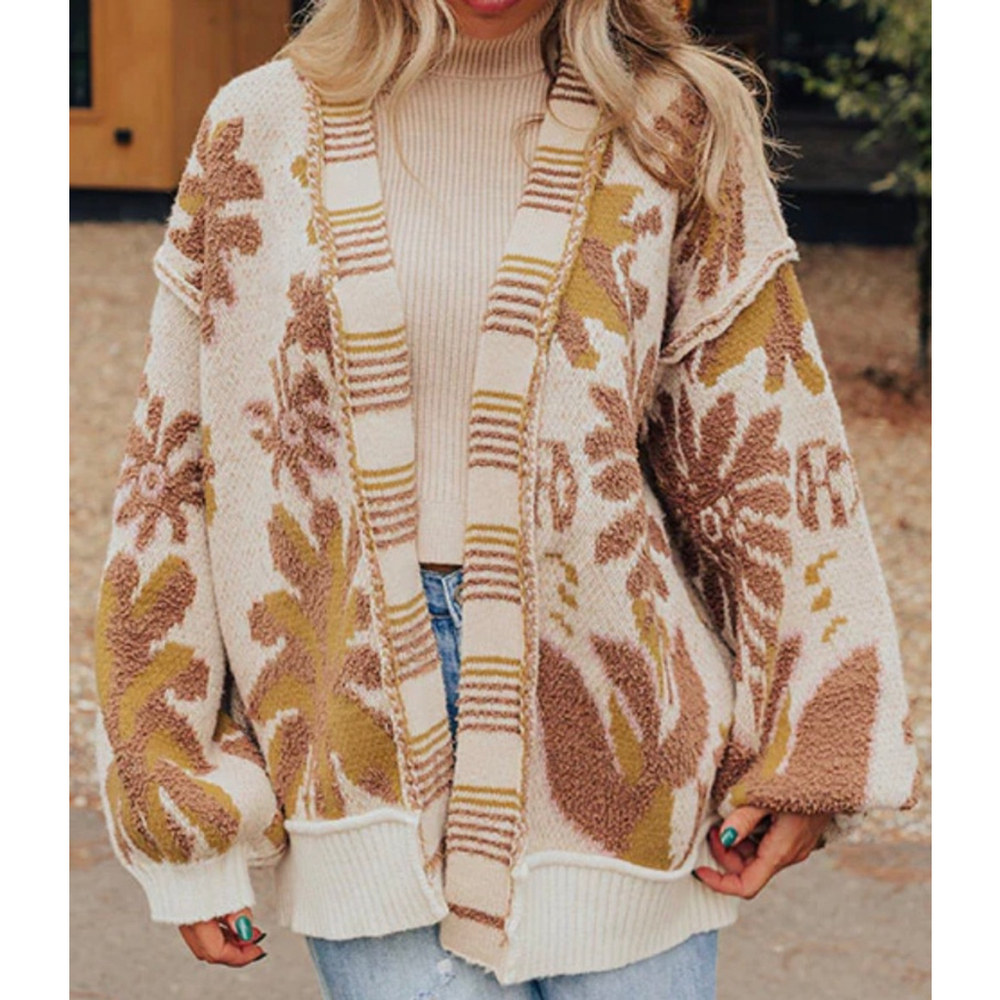 Women's POL Beige Brown Floral Knit Thick Plush Cardigan S